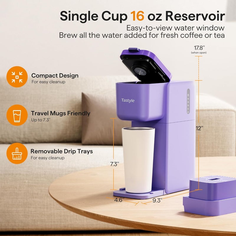 Tastyle Single Serve Coffee Maker for K Cup, Ground and Tea, Hot and Iced Coffee Machines with Bold Setting, 6 to 16 Oz Brew Sizes, Compact for Small Spaces, Purple (2.0 Version) - Image 4